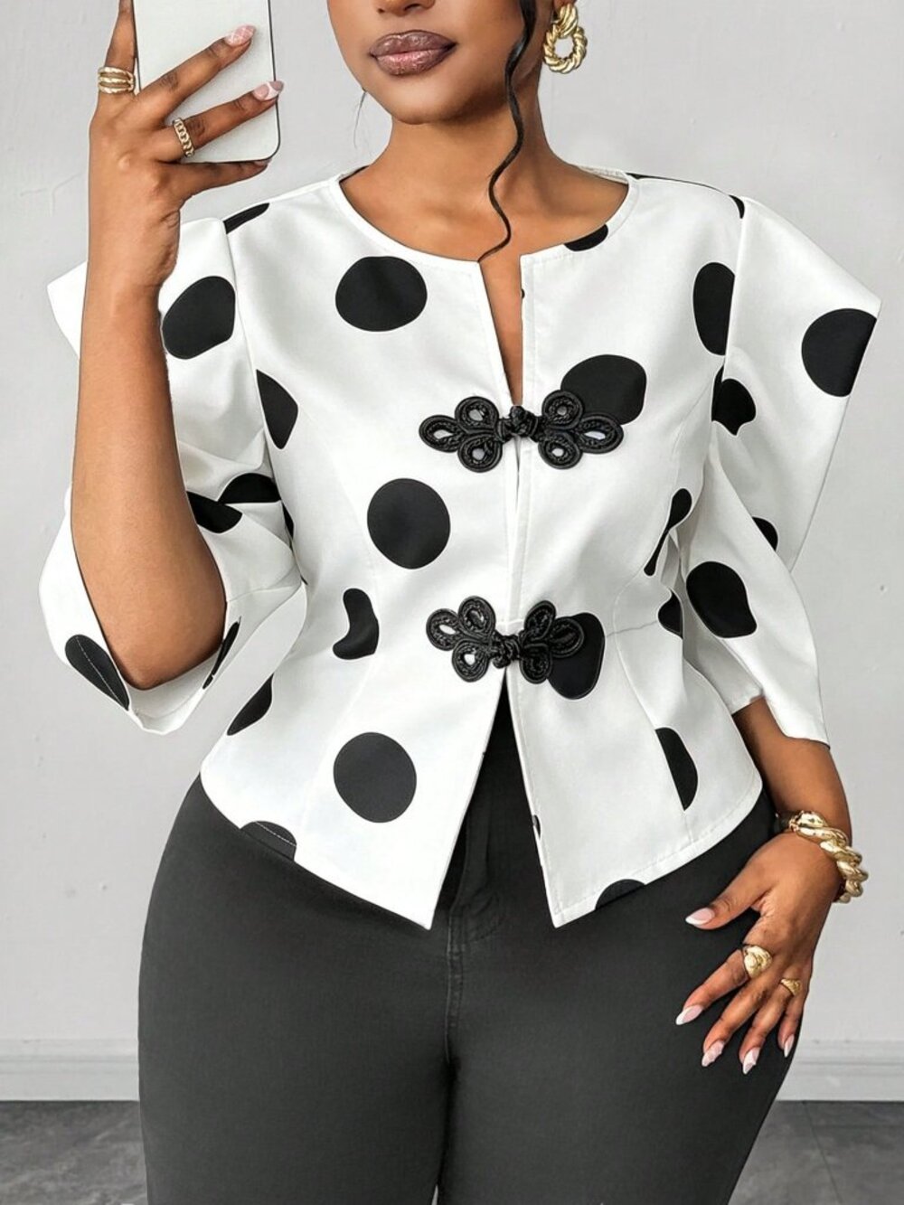 Black And White Casual Women's Polka Dot Print Petal Sleeve Button-Up Shirt